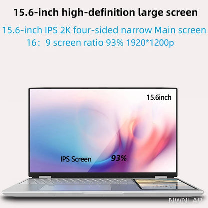 Dual Screen 15.6+7inch Laptop Intel N100 32GB RAM 2TB SSD DDR4 Win11 Fingerprint Unlock HD Camera Backlit Keypad Notebook