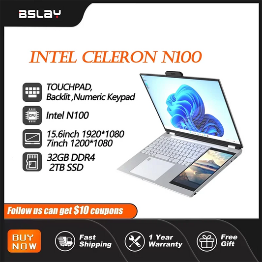 Dual Screen 15.6+7inch Laptop Intel N100 32GB RAM 2TB SSD DDR4 Win11 Fingerprint Unlock HD Camera Backlit Keypad Notebook