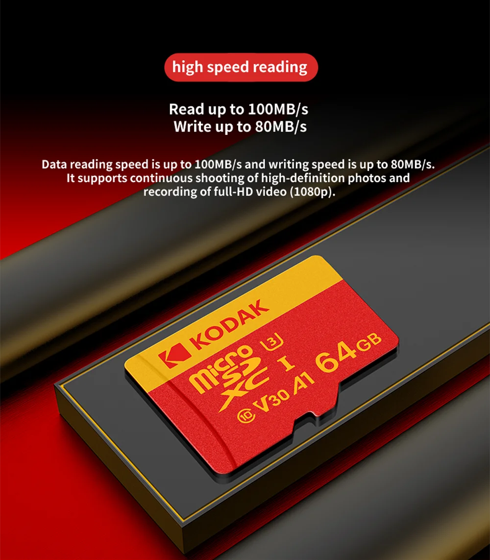 Kodak High Speed Micro SD Card U3 Class 10, up to 100MB/s, TF Memory Card with Adapter - Available in 32GB, 64GB, and 128GB