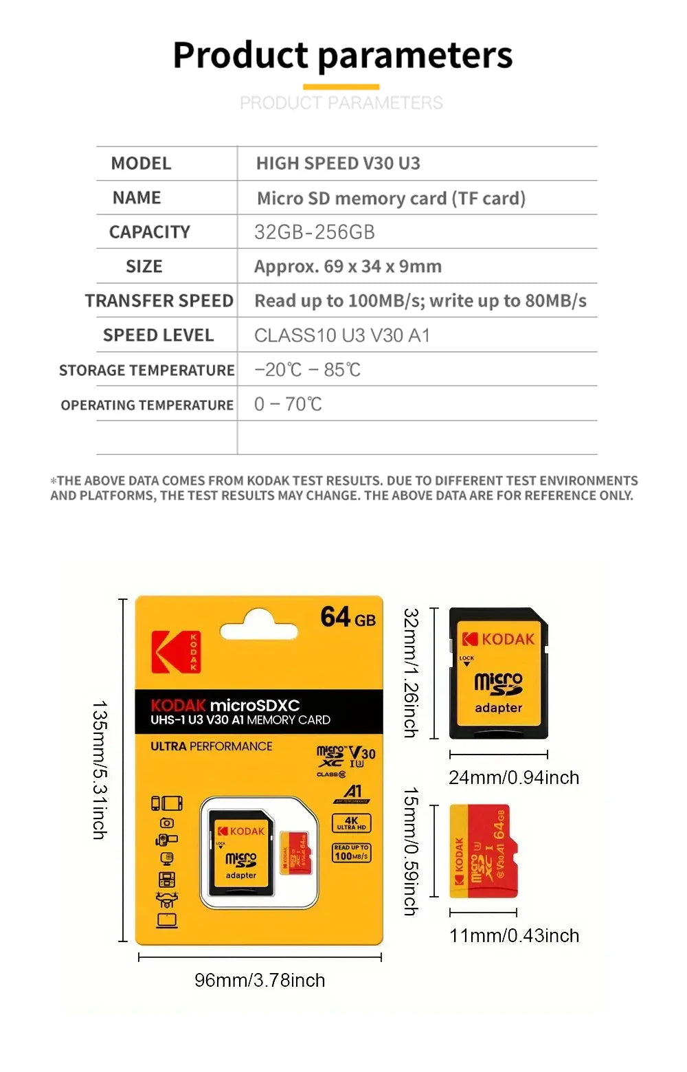 Kodak High Speed Micro SD Card U3 Class 10, up to 100MB/s, TF Memory Card with Adapter - Available in 32GB, 64GB, and 128GB