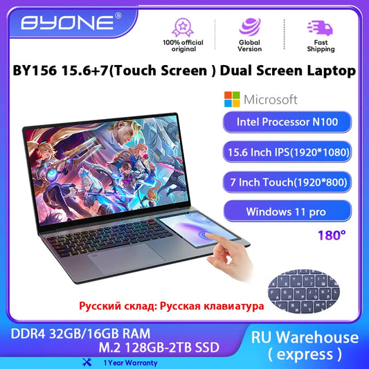 BYONE BY156 Dual Screen Laptop 15.6" IPS+7" Touch Screen 32G DDR4 2TB SSD Intel N100 Processor Windows11 Notebook Computer