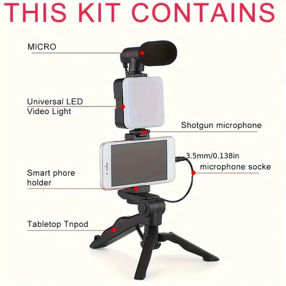 Smartphone Vlogging Kit With Tripod Phone Holder Mini Microphone LED Fill Light Starter For TikTok Live Stream Video YouTube