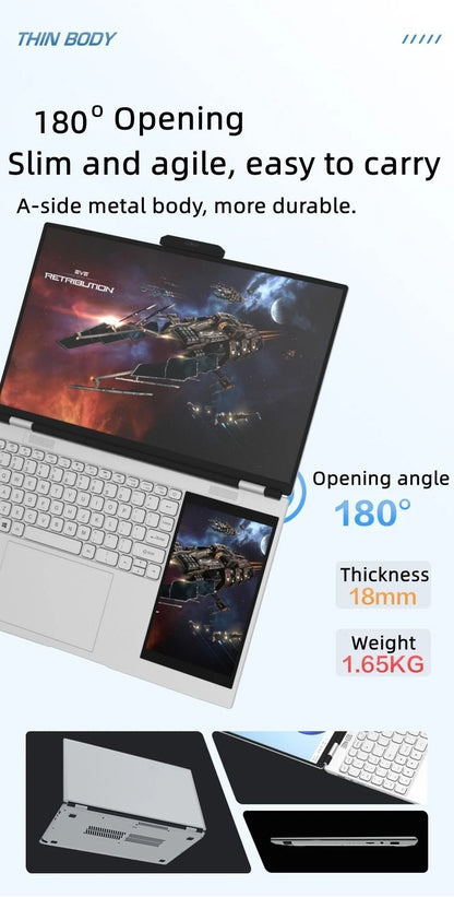 Dual Screen 15.6+7inch Laptop Intel N100 32GB RAM 2TB SSD DDR4 Win11 Fingerprint Unlock HD Camera Backlit Keypad Notebook