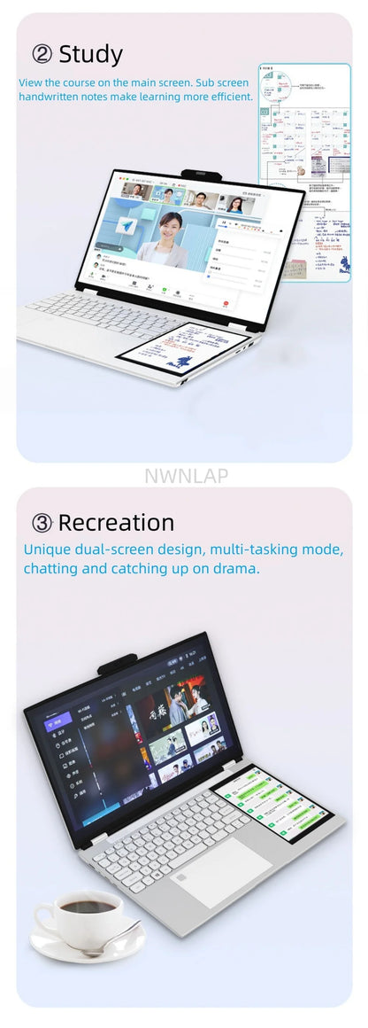 Dual Screen 15.6+7inch Laptop Intel N100 32GB RAM 2TB SSD DDR4 Win11 Fingerprint Unlock HD Camera Backlit Keypad Notebook