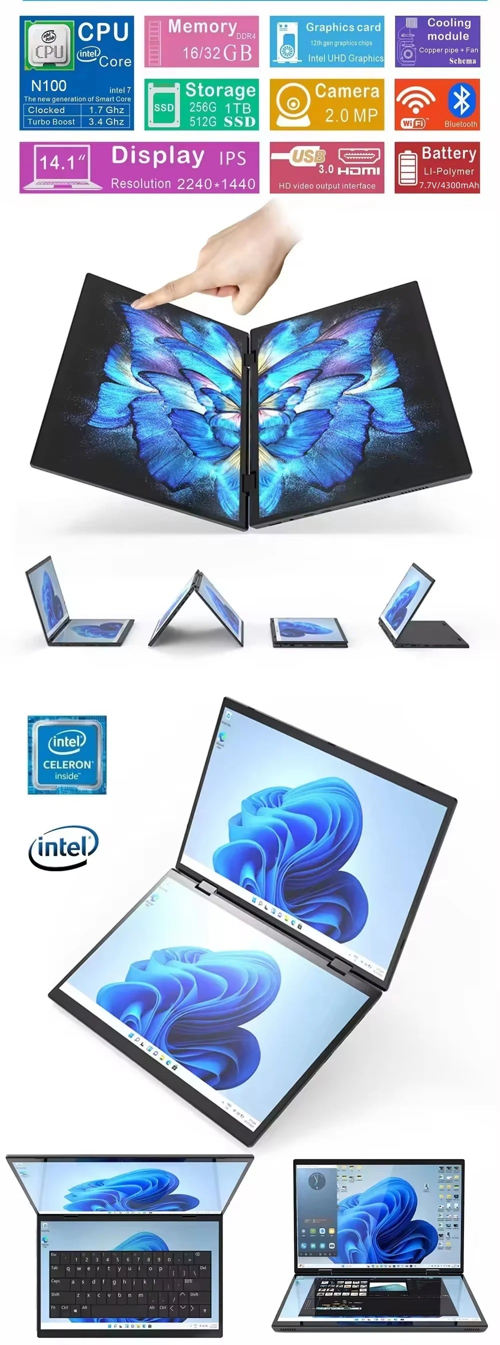 Dual Screen Laptop Intel N100 Processor 14“+14” touch Gaming Laptop DDR4 32GB 1TB 2TB SSD Notebook Computer