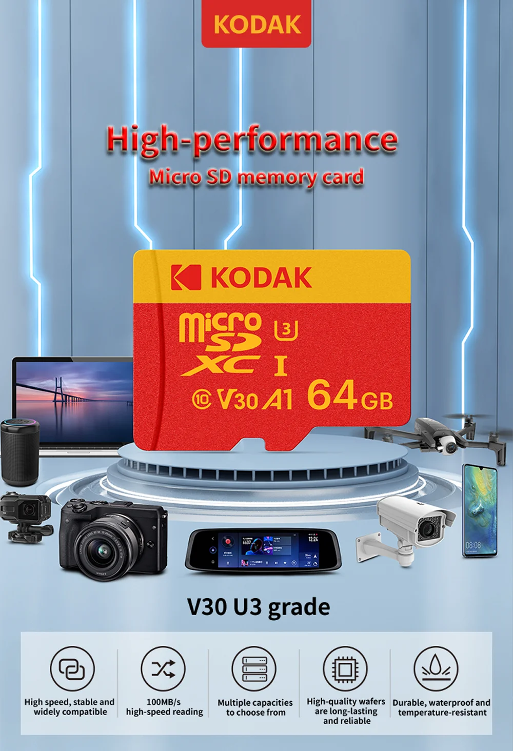 Kodak High Speed Micro SD Card U3 Class 10, up to 100MB/s, TF Memory Card with Adapter - Available in 32GB, 64GB, and 128GB