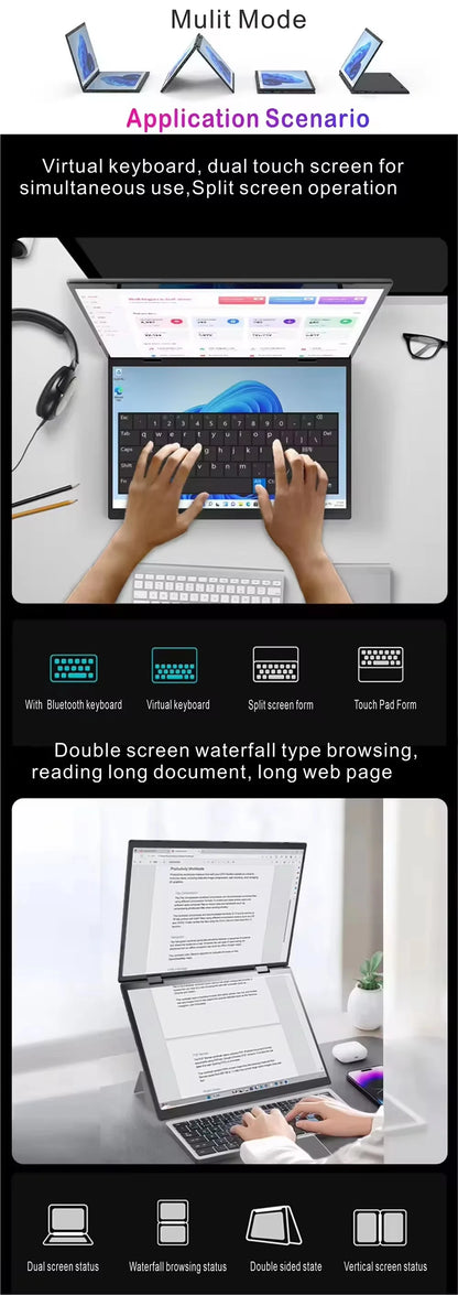 Dual Screen Laptop Intel N100 Processor 14“+14” touch Gaming Laptop DDR4 32GB 1TB 2TB SSD Notebook Computer