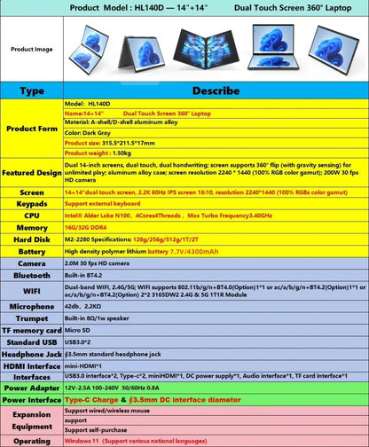 Dual Screen Laptop Intel N100 Processor 14“+14” touch Gaming Laptop DDR4 32GB 1TB 2TB SSD Notebook Computer