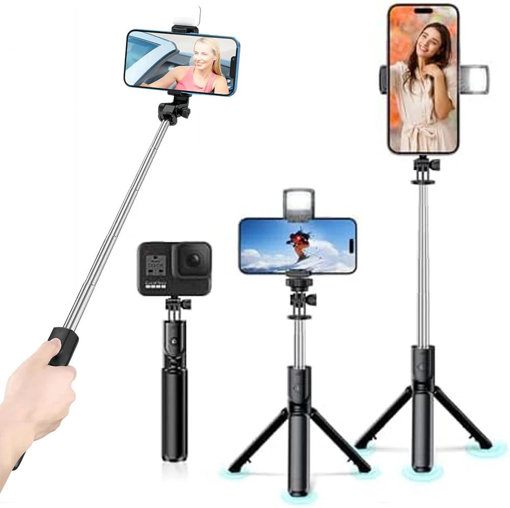 Bluetooth Wireless Selfie Stick Tripod Stand with Light Remote Extendable Tripod for iPhone Mobile Phone Tiktok Live Streaming