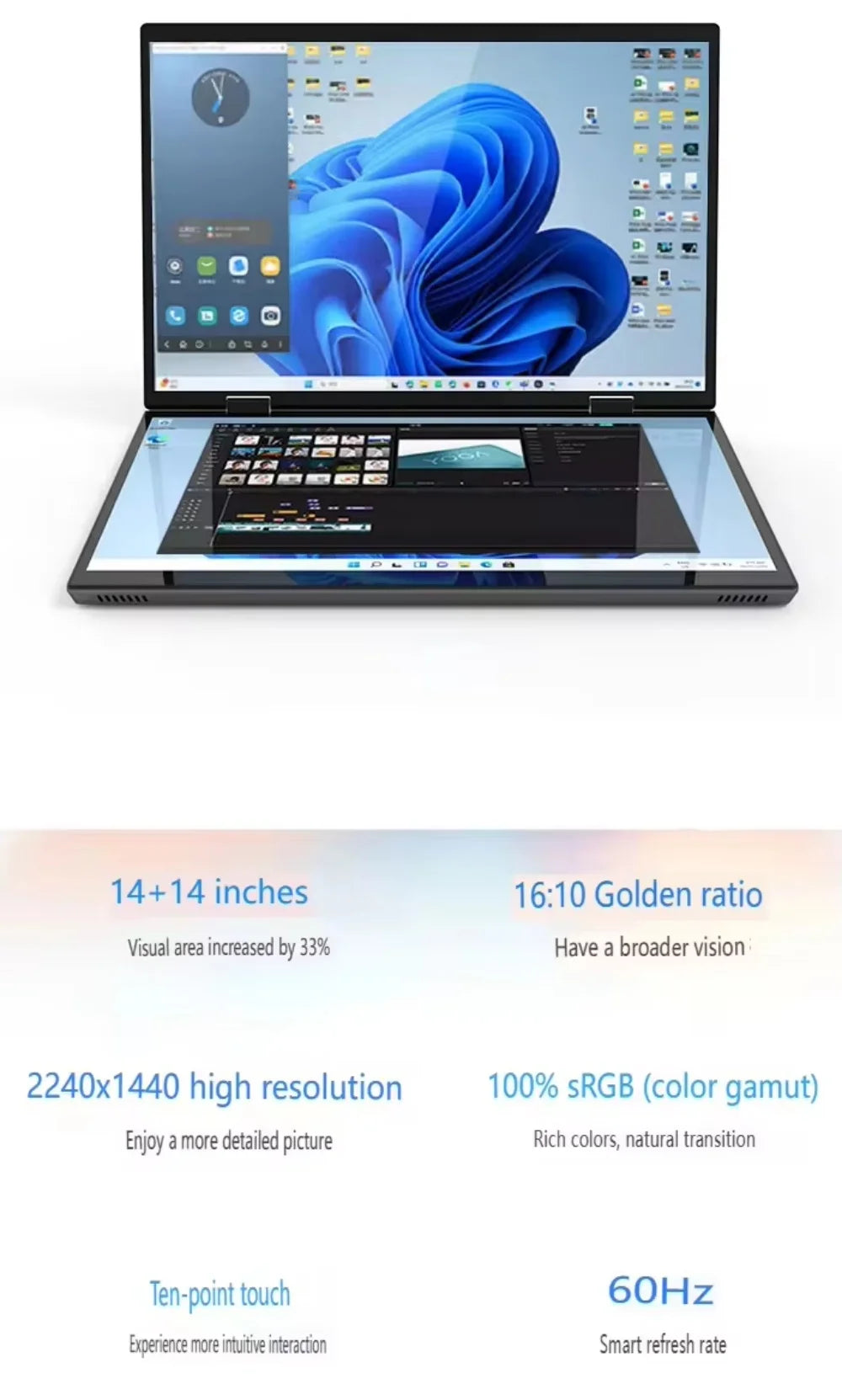 Dual Screen Laptop Intel N100 Processor 14“+14” touch Gaming Laptop DDR4 32GB 1TB 2TB SSD Notebook Computer