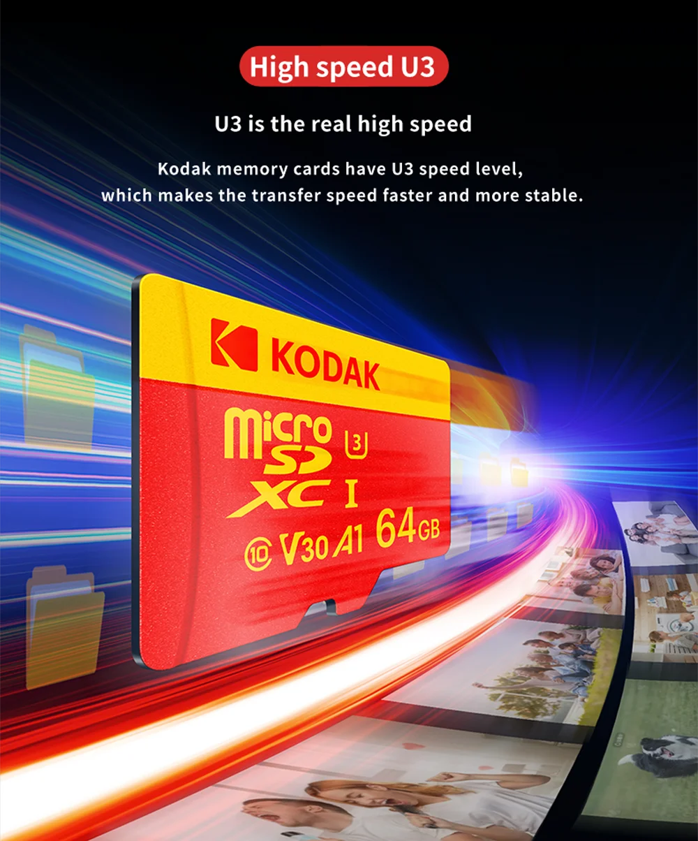 Kodak High Speed Micro SD Card U3 Class 10, up to 100MB/s, TF Memory Card with Adapter - Available in 32GB, 64GB, and 128GB